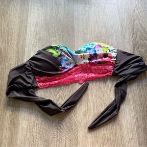 beach bunny swimwear floral print pink lace detail bandeau bikini swim top small
